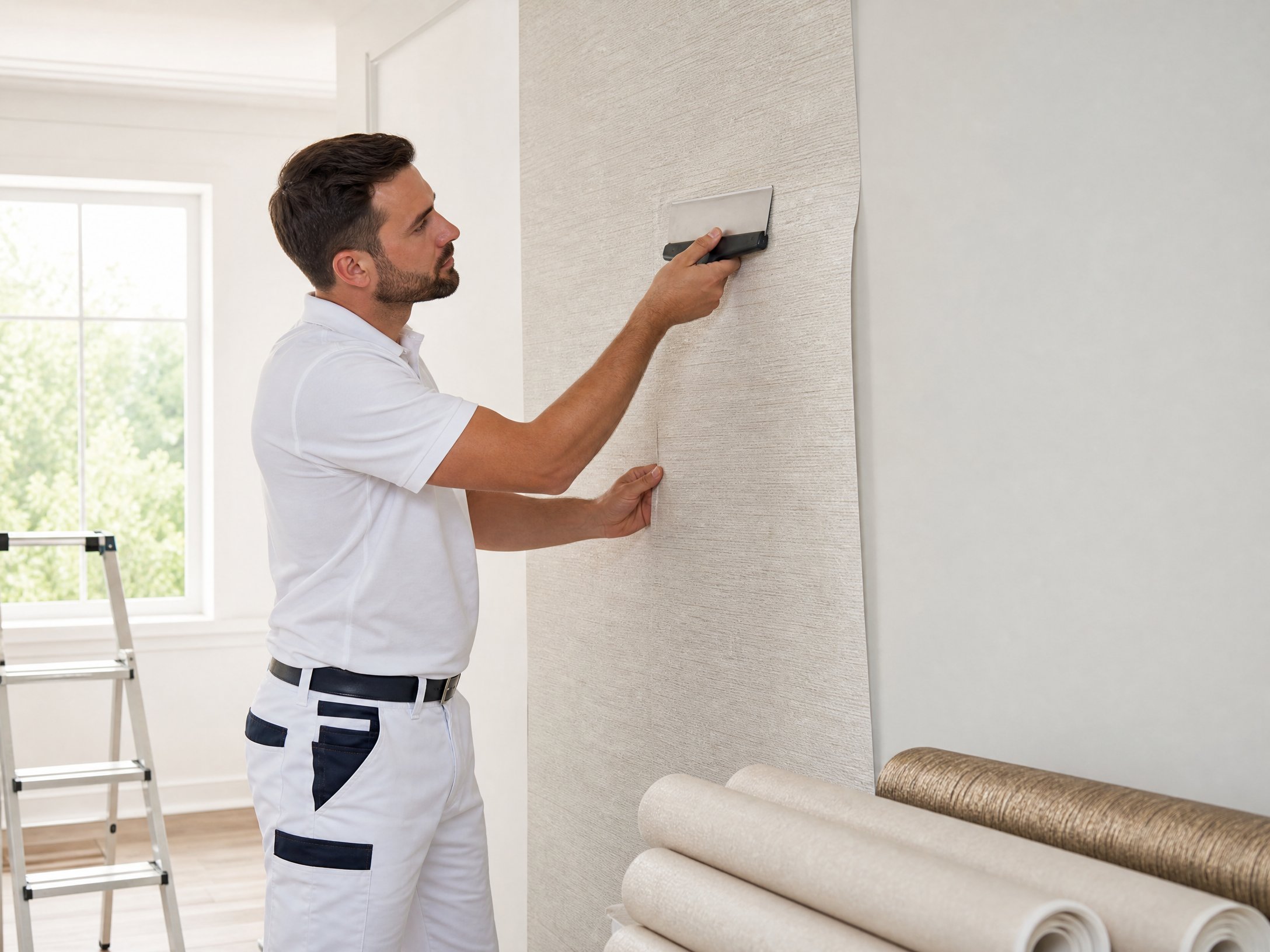Professional wallpaper installer at work