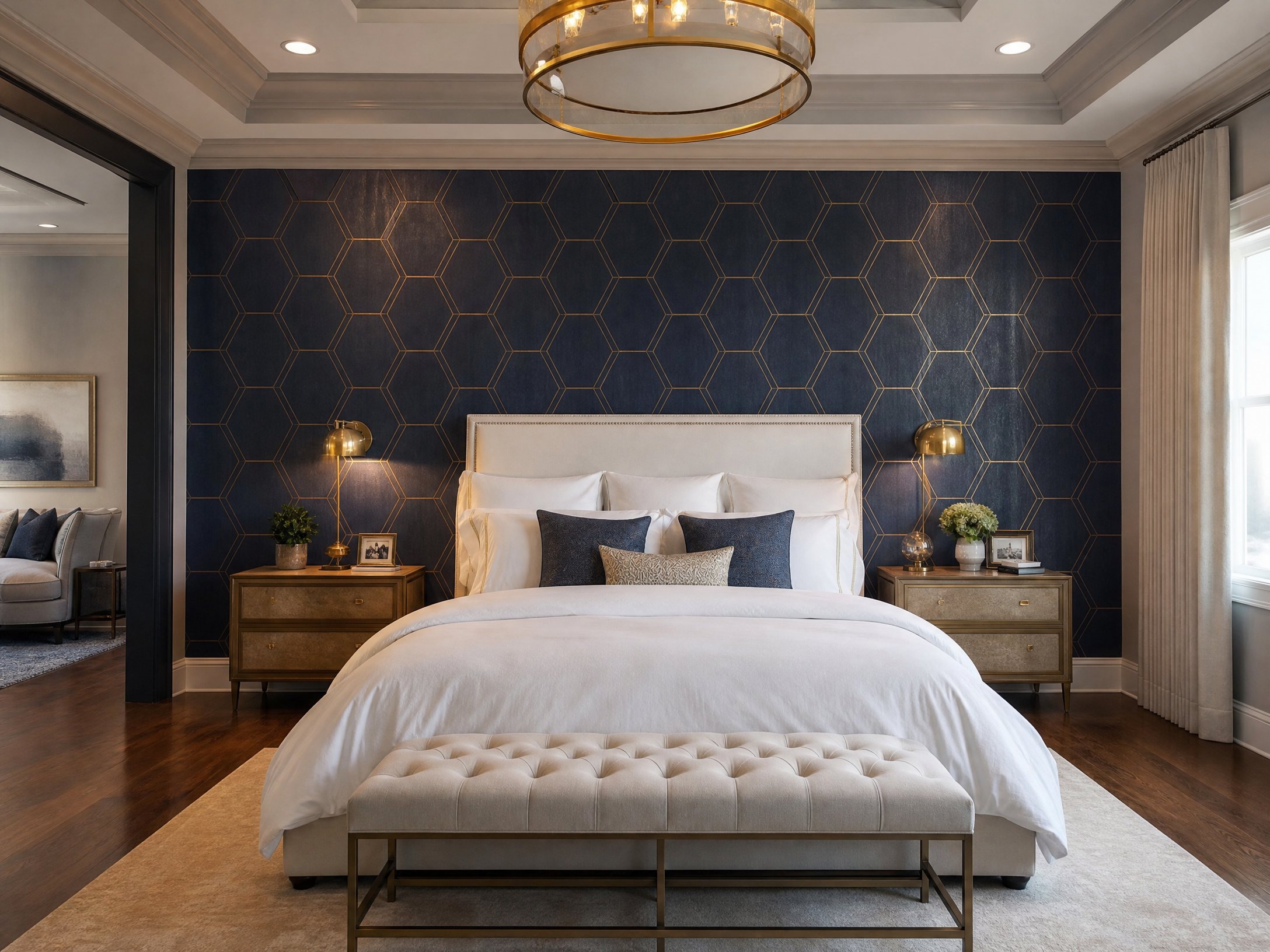 Luxury master bedroom with navy geometric wallpaper