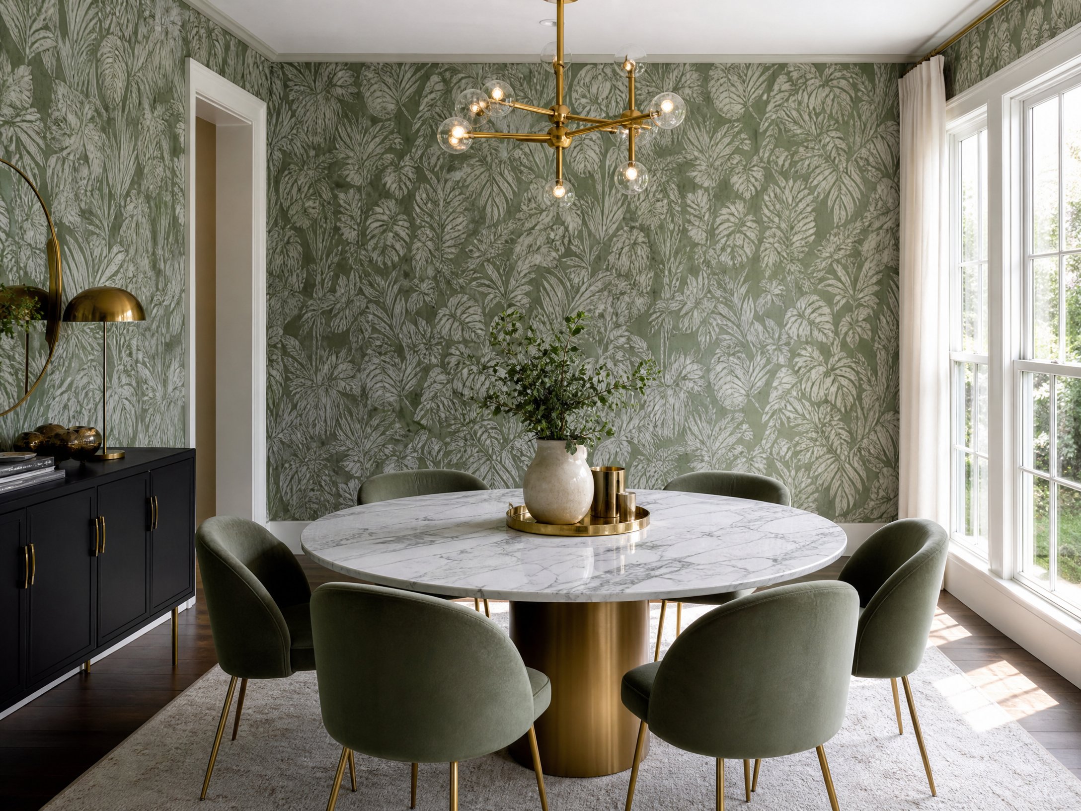 Elegant dining room with sage green botanical wallpaper