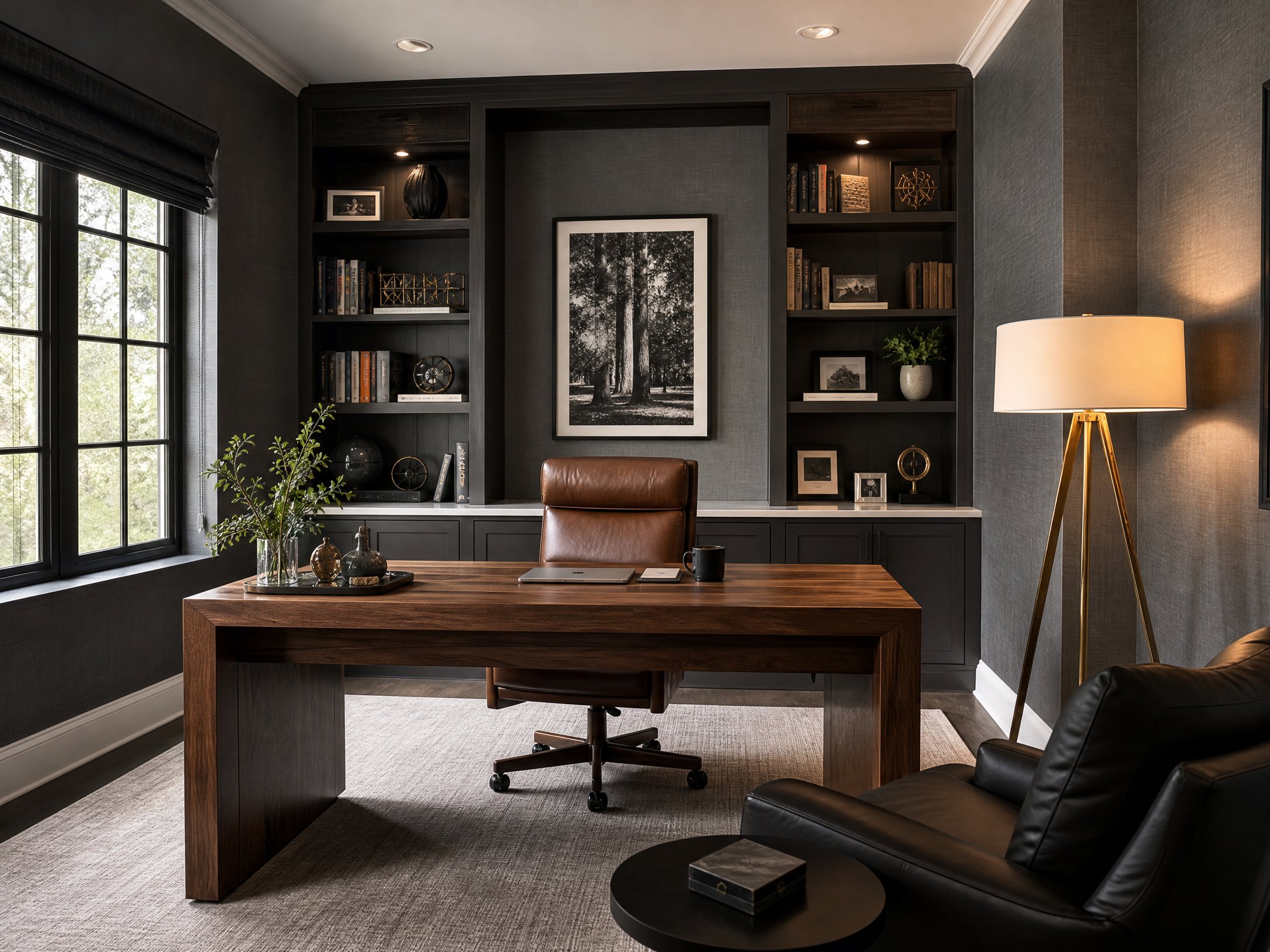 Modern home office with charcoal linen wallpaper