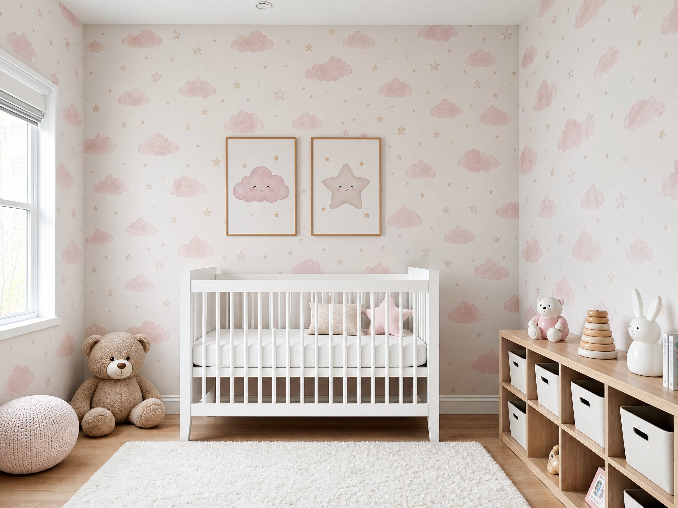 Nursery room with pastel cloud and star wallpaper