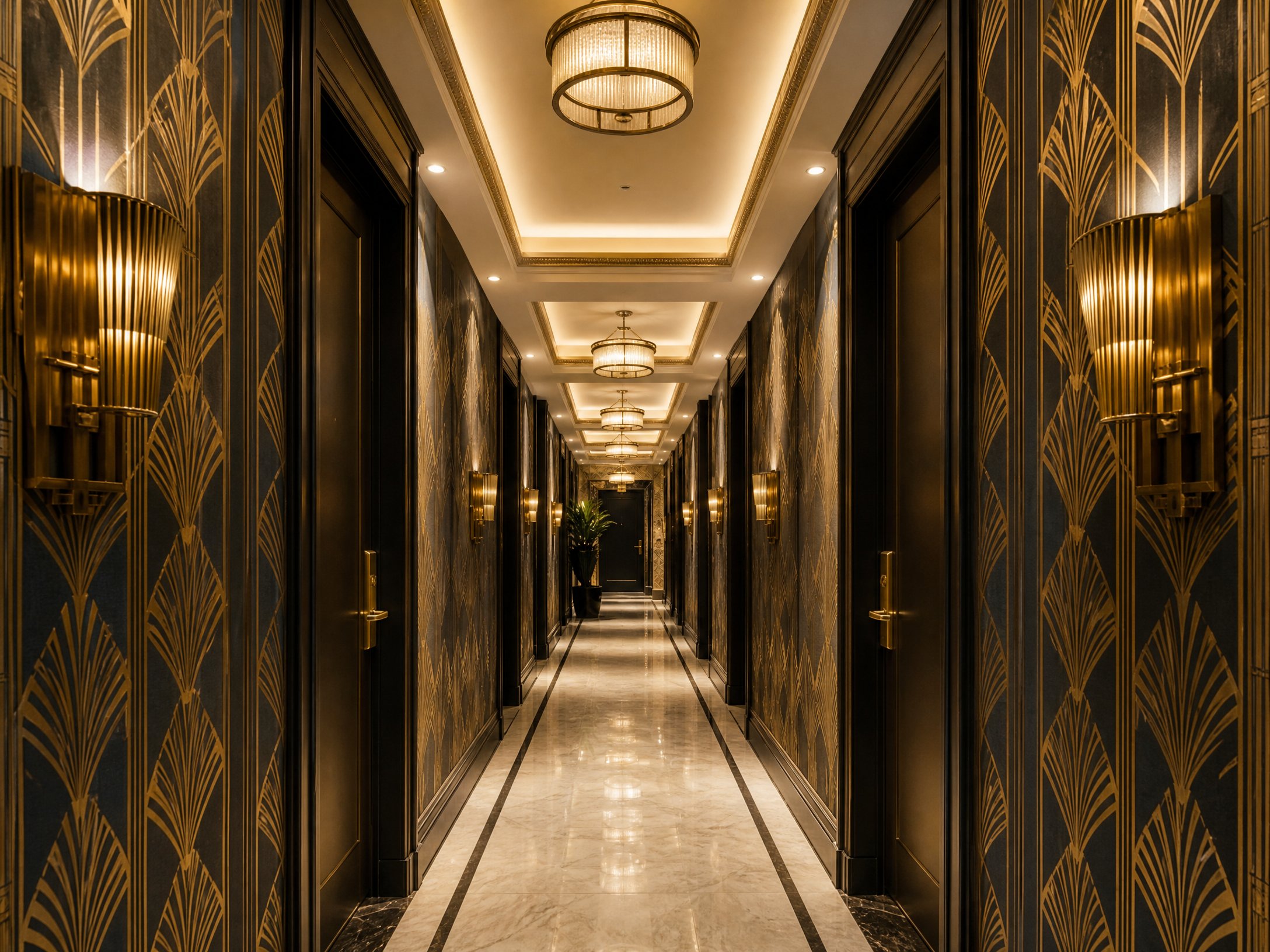 Hotel corridor with art deco gold wallpaper