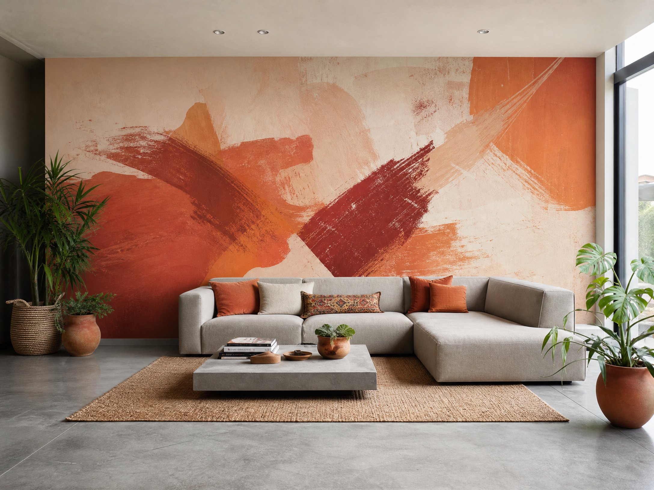Contemporary living room with abstract mural wallpaper